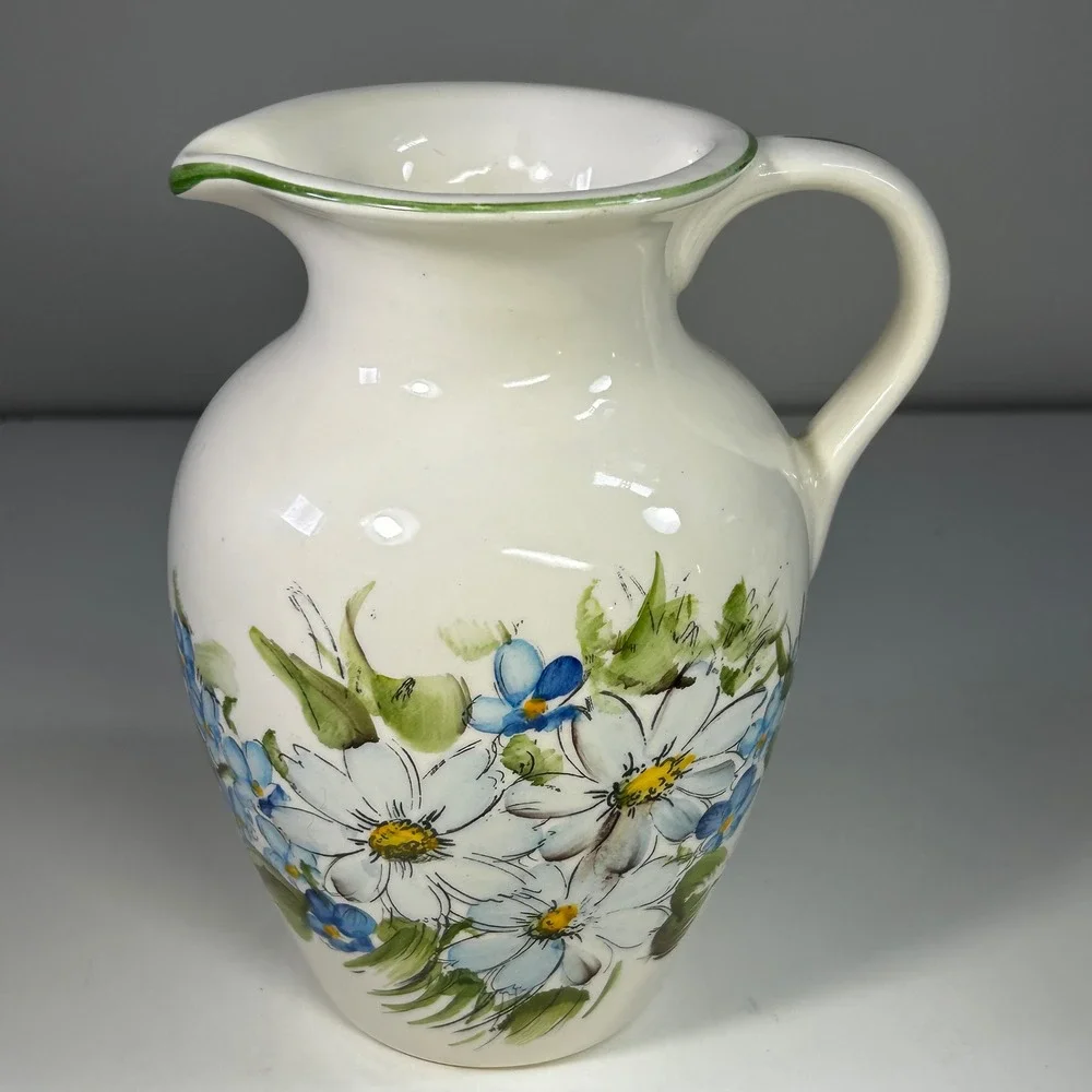Vintage 1980 FTDA Weiss Hand Painted Floral Ceramic Pitcher Made in Brazil